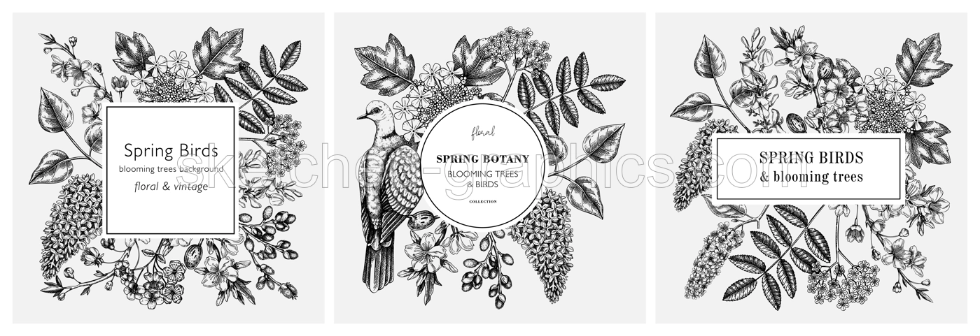 Spring hand drawn frame templates set. Floral wreath designs with birds and blooming trees. Cherry, almond, willow, rowan, currant, Japanese quince, lilac in flowers sketches for cards or prints Illustration
